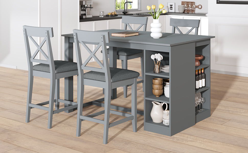 Solid Wood Farmhouse Counter Height Dining Table Set With 3 Tier Storage Shelves Hearth and Haven