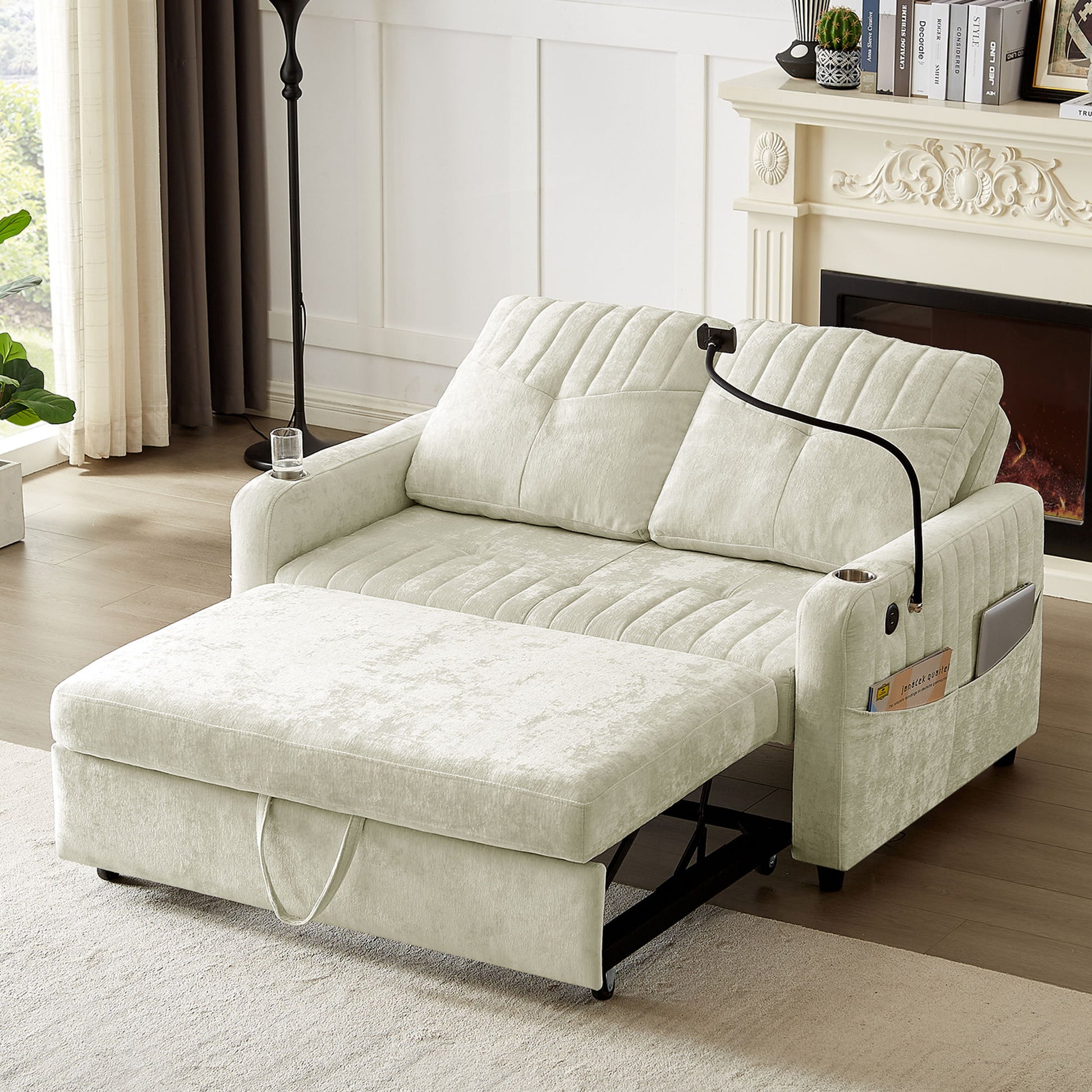 Modern Loveseat Pull Out Sofa Bed With Adjustable Backrest, Two Cup Holders, A Phone Holder, Three Charging Ports And Side Storage Pockets For Living Room Hearth and Haven
