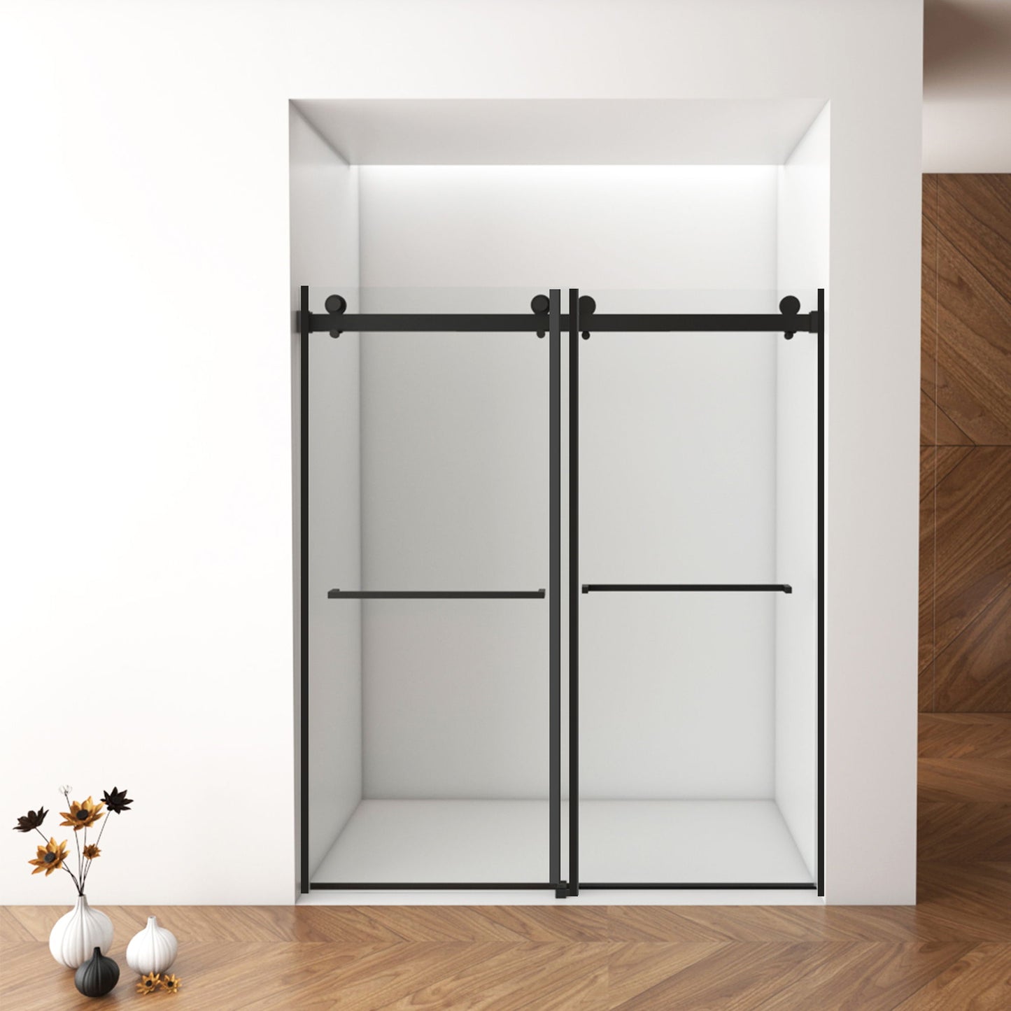 Frameless Shower Door, Double Sliding Shower Door, Clear Tempered Glass Shower Enclosure With Square Rail, Double Side Easy Clean Coat, Finished With Buffer Daily Nest