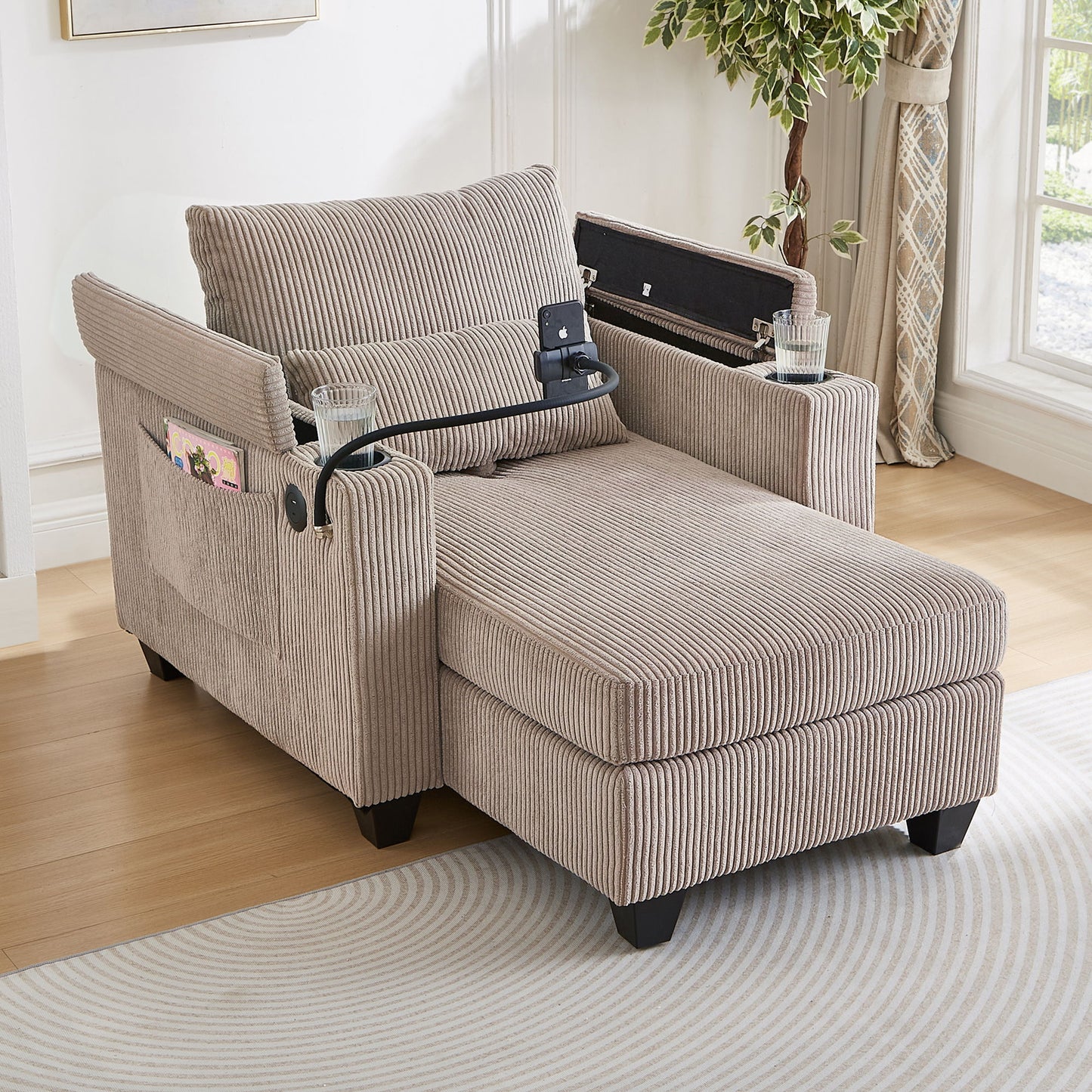 Convertible Chaise Lounge Sofa Chair With USB Ports, Cup Holders, Phone Holder And Storage Hearth and Haven