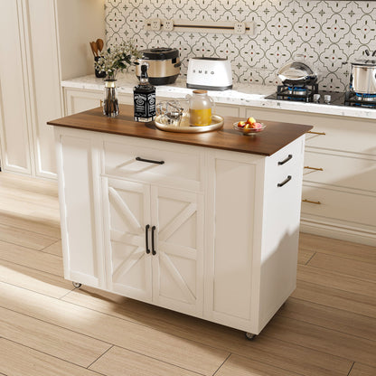Rustic Movable Kitchen Island On Wheels With Storage & Power Outlet - White Home Essentials