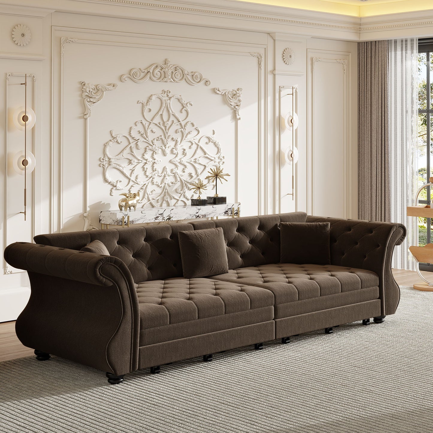 Oversized Chesterfield Pull Out Sofa Bed, Roll Arm Couch With Flower Tufting For Living Room Home Essentials