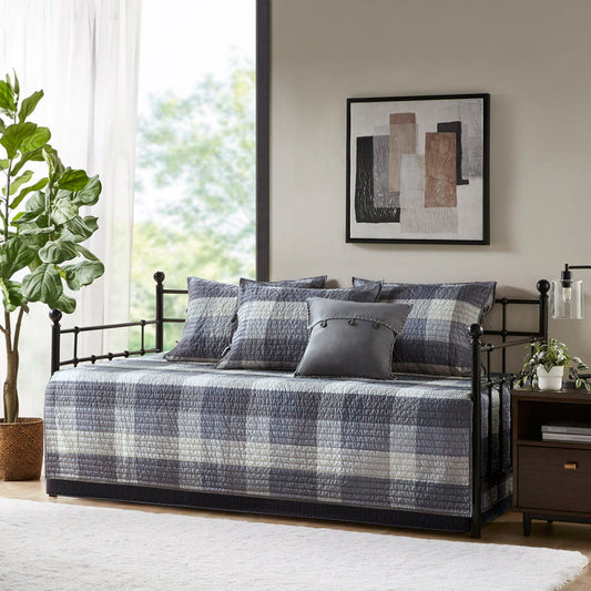 Ridge - 6 Piece Reversible Plaid Daybed Cover Set - Gray