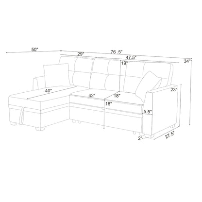 Upholstered Sectional & Pull Out Bed And Chaise Storage - Almond Home Essentials