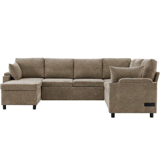 U-Shaped Sectional Sofa Bed With Storage, Charging Ports, And Cup Holders - Brown Hearth and Haven