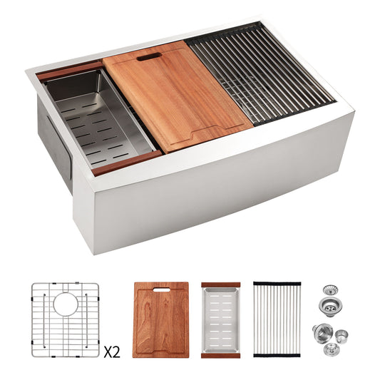 Farmhouse Double Bowl Workstation Kitchen Sink 33" Stainless Steel 16 Gauge Apron Front, Finish - White Daily Nest