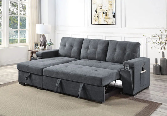 Toby - Woven Fabric Reversible Sleeper Sectional Sofa With Storage Chaise Cup Holder Charging Ports And Pockets Lilola Home