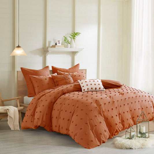 Brooklyn - Cotton Jacquard Duvet Cover Set With Euro Shams and Throw Pillows - Rust