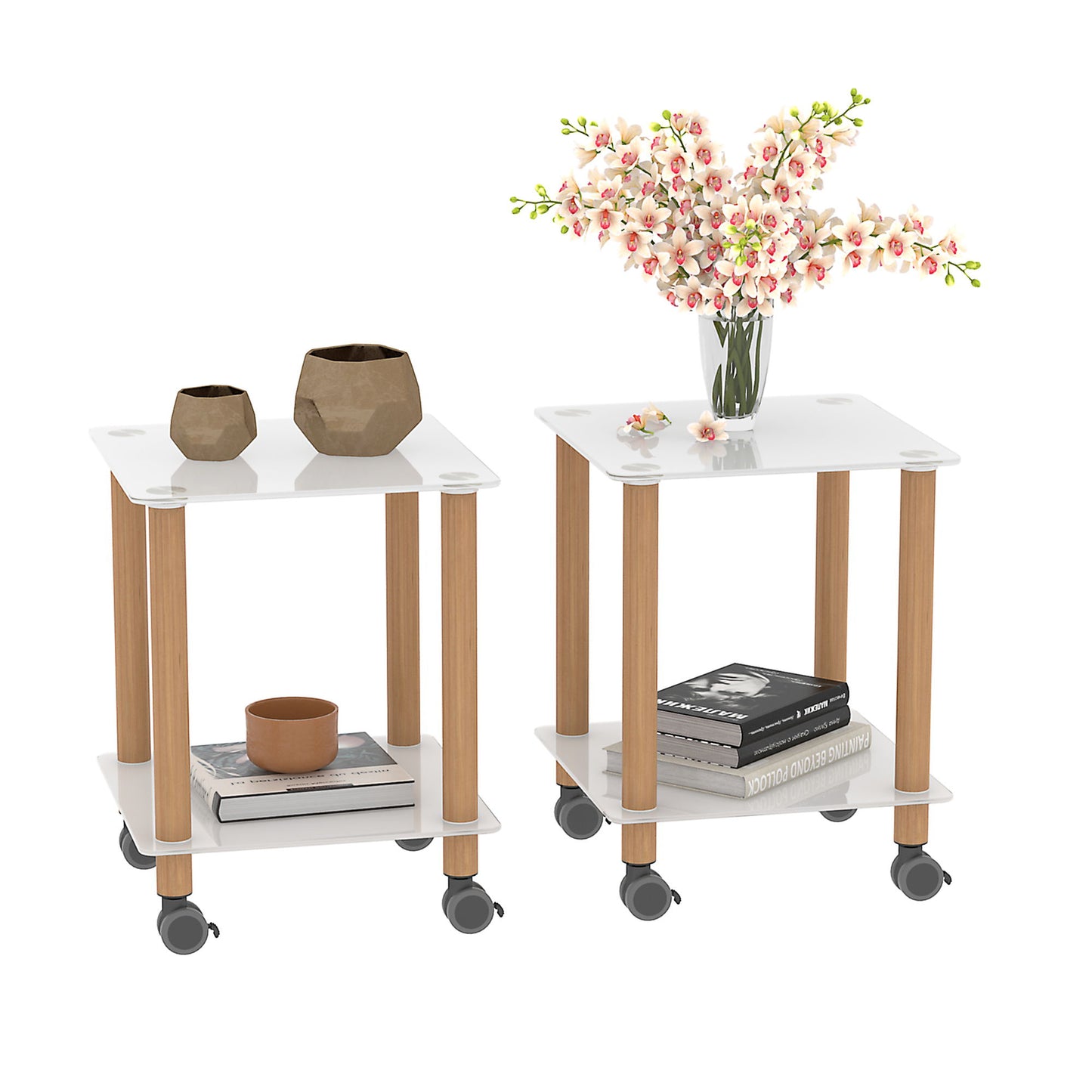 2 Piece Side Table, 2 Tier Space End Table, Modern Night Stand, Sofa Table, Side Table With Storage Shelve - White / Oak