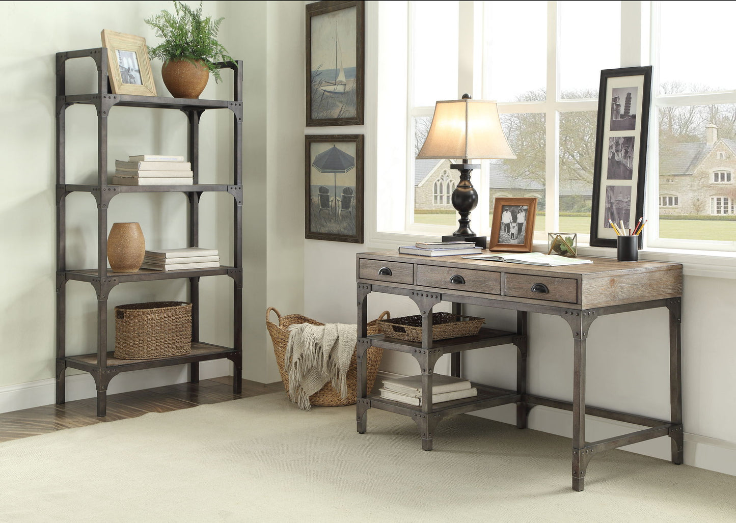 Gorden - Weathered Antique Metal Writing Desk - Oak Acme