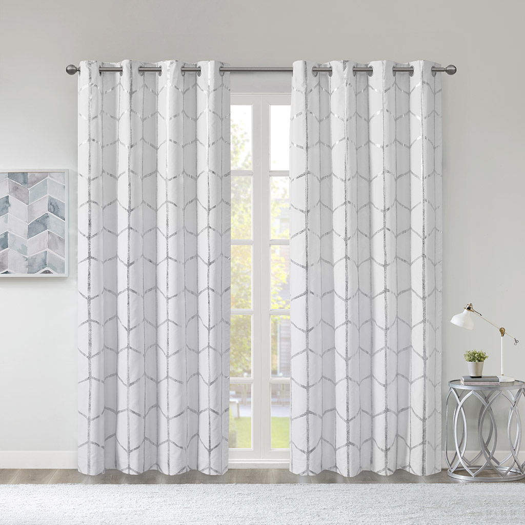 Raina - 84" Total Blackout Metallic Print Grommet Top Curtain Panel - White / Silver