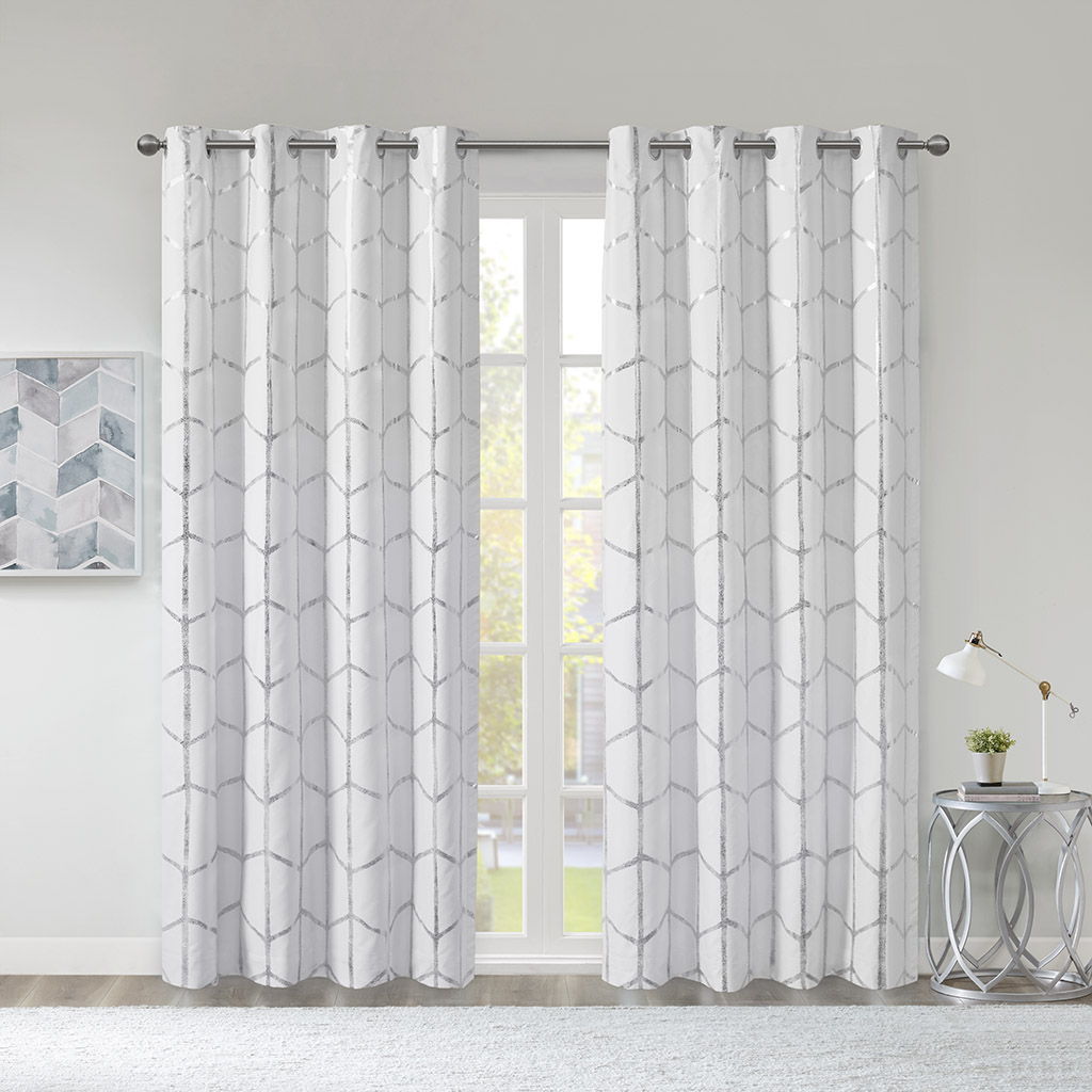 Raina - 84" Total Blackout Metallic Print Grommet Top Curtain Panel - White / Silver Intelligent Design