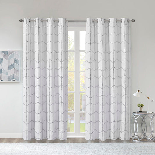 Raina - 84" Total Blackout Metallic Print Grommet Top Curtain Panel - White / Silver Intelligent Design