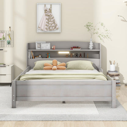 Wood Platform Bed With Built In LED Light, Storage Headboard And Guardrail Hearth and Haven