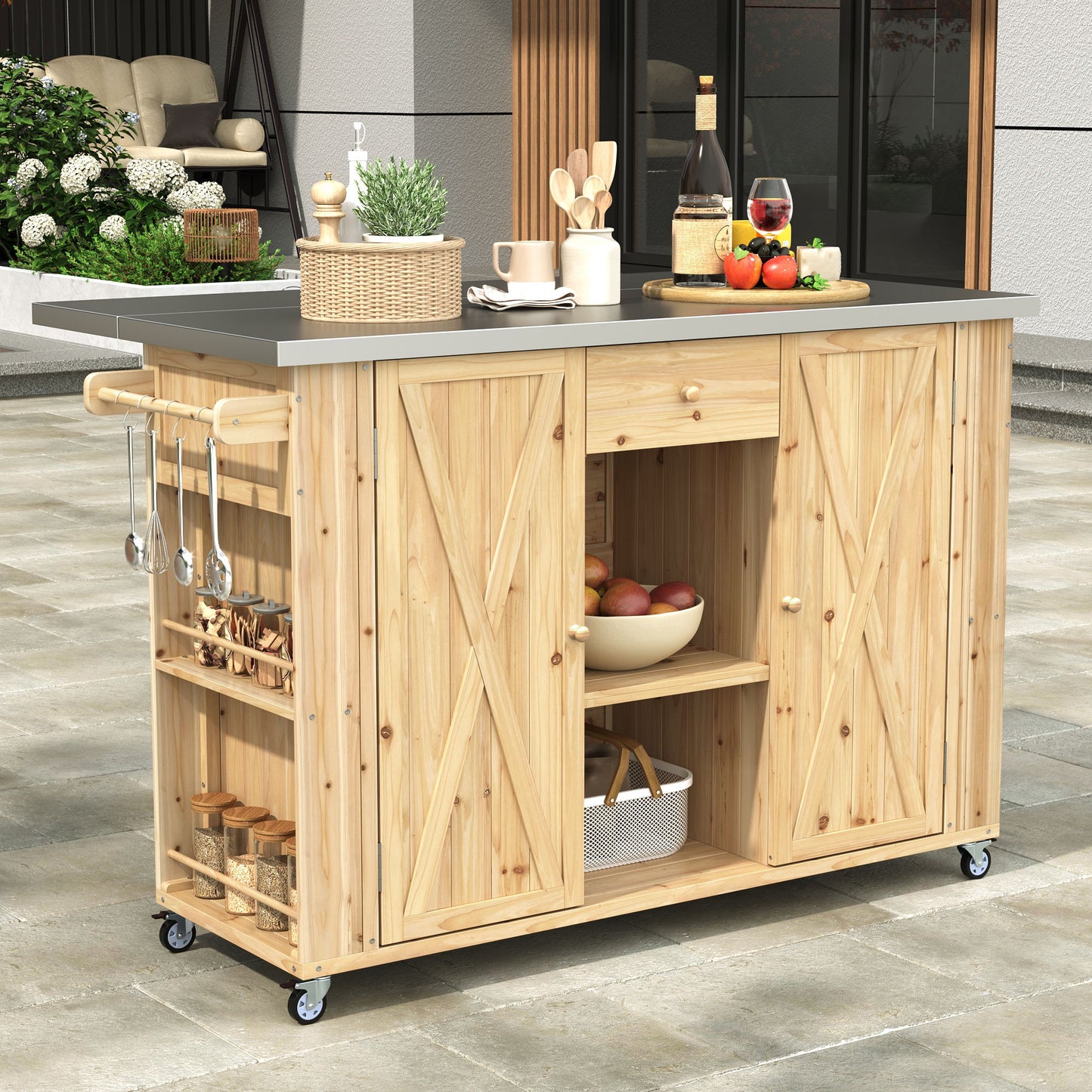 Outdoor Kitchen Island With Stainless Steel Top, Ample Storage Space, Towel And Spice Racks And A Bottle Opener Hearth and Haven