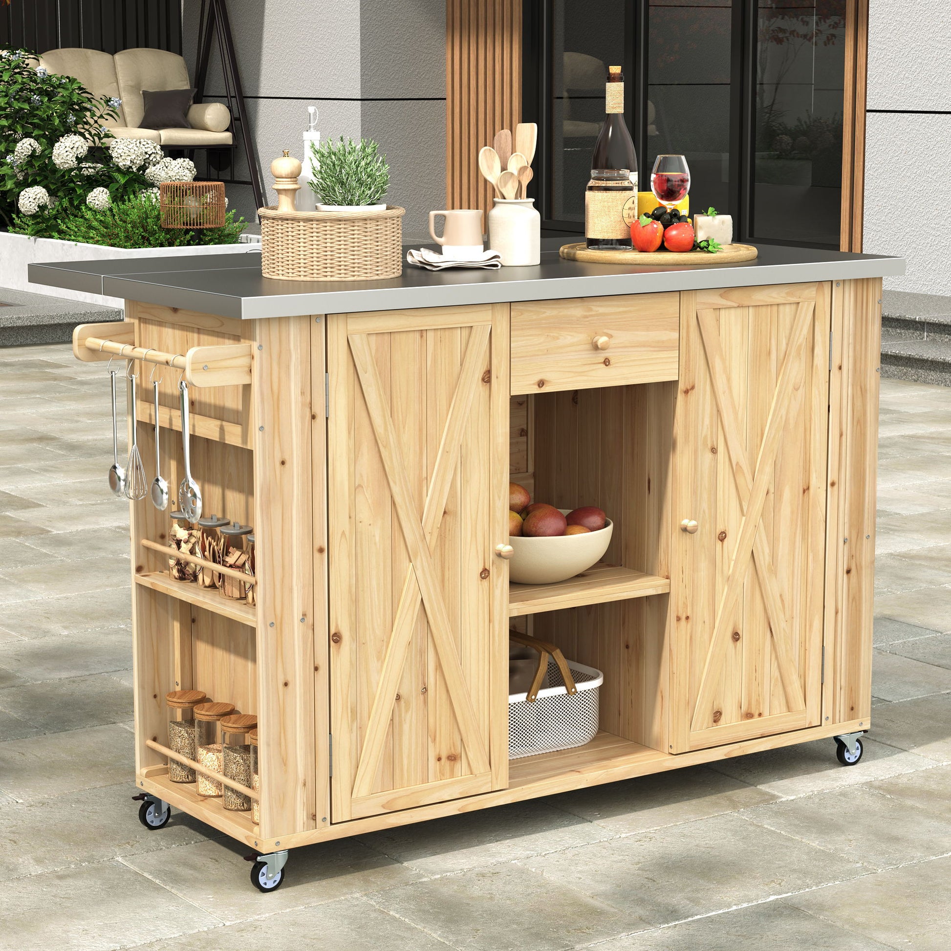 Outdoor Kitchen Island With Stainless Steel Top, Ample Storage Space, Towel And Spice Racks And A Bottle Opener Hearth and Haven