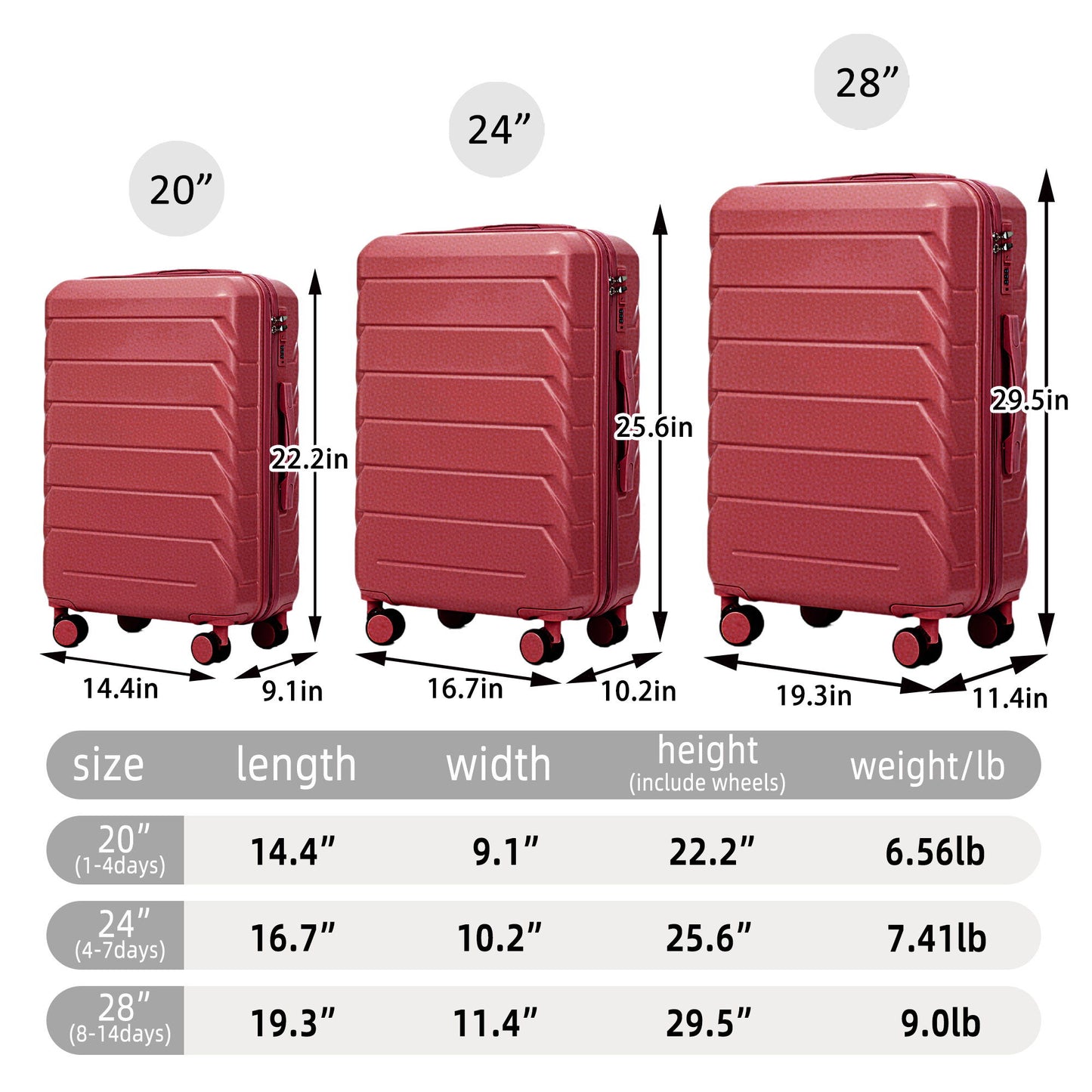 3 Pieces Set 20" / 24" / 28" Spinner Wheel Luggage With Combination Lock Daily Nest
