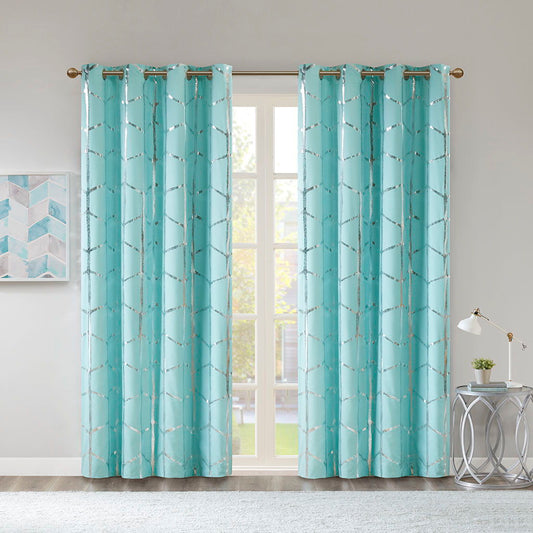Raina - 84" Total Blackout Metallic Print Grommet Top Curtain Panel - Aqua / Silver Intelligent Design