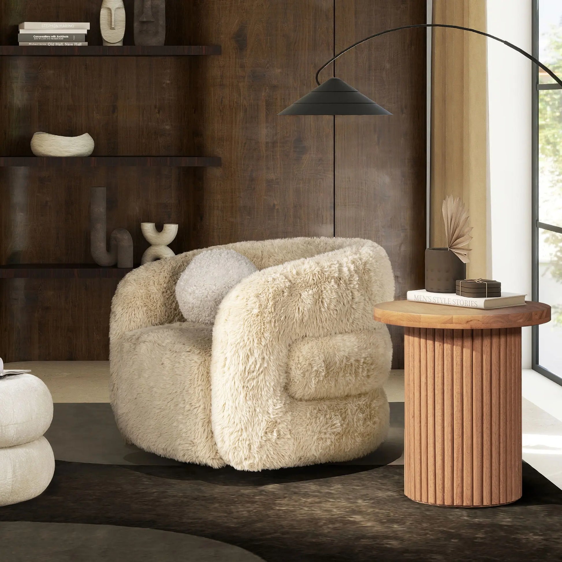 Colt - Fur Swivel Upholstered Barrel Accent Arm Chair - Cream Beige Jennifer Taylor Home