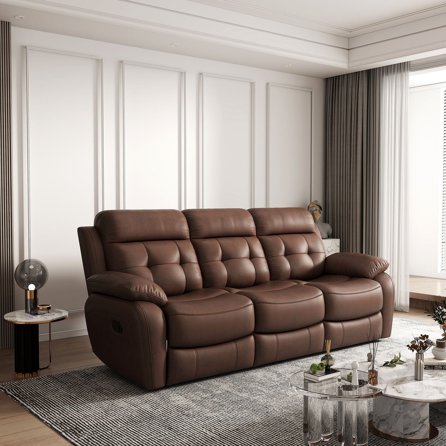 Genuine Non Power Reclining Sofa With Drop Down Table, Stainless Steel Cupholders And Magazine Bag Home Essentials