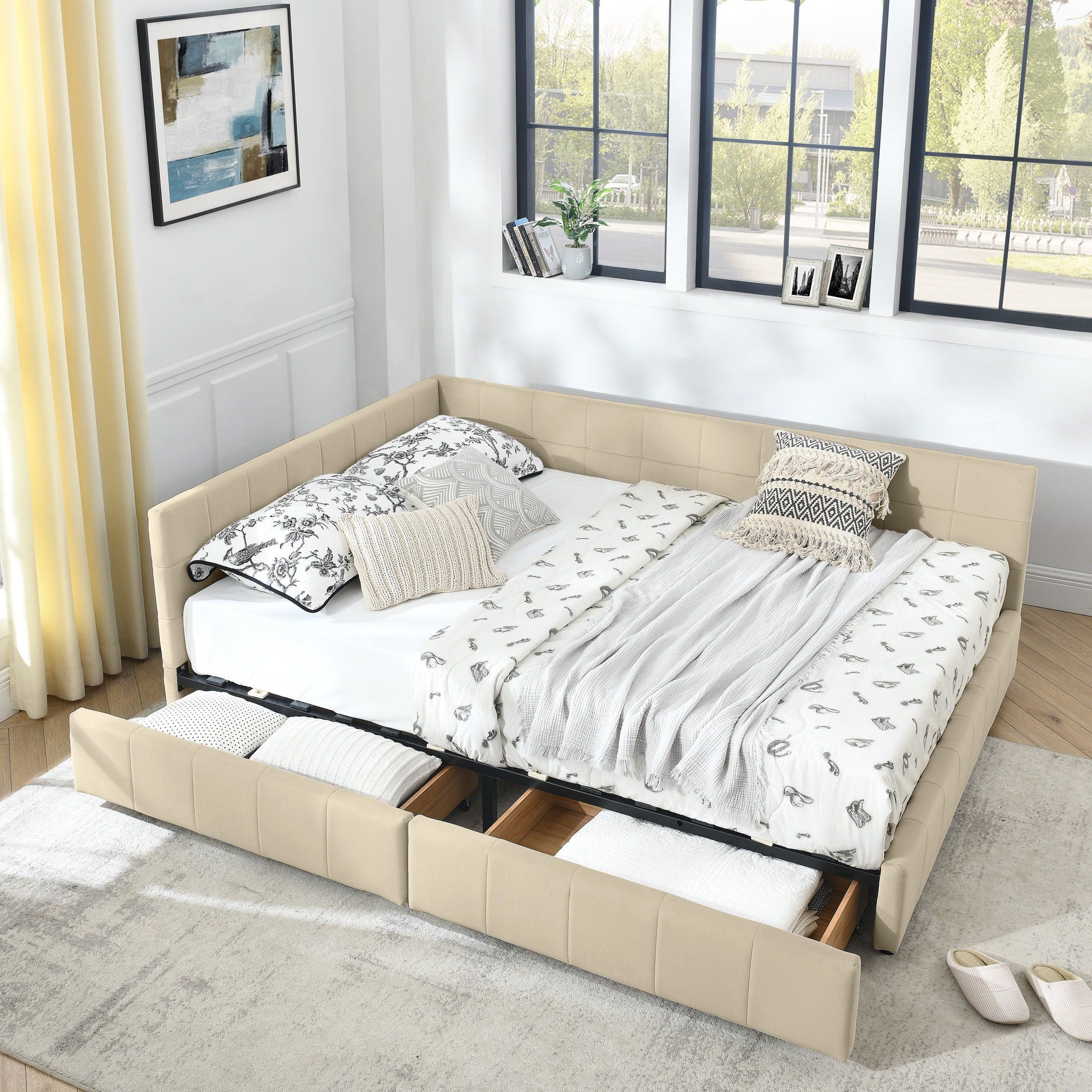Mid-Century Storage Upholstered Tufted Bed Frame With Backrest And Armrests Home Essentials