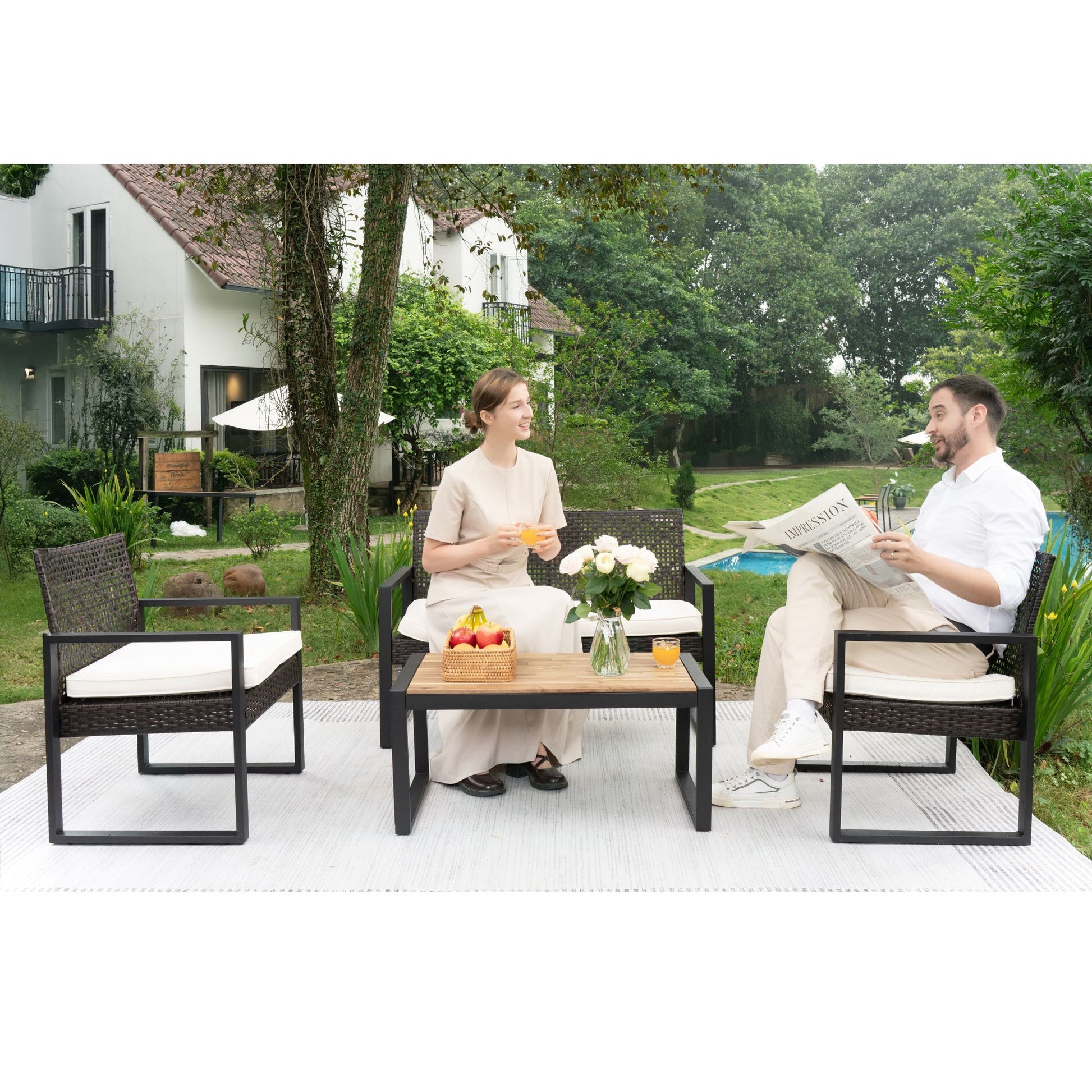 4 Piece Patio Furniture Set With Acacia Wood Table Top And Cushions Home Essentials