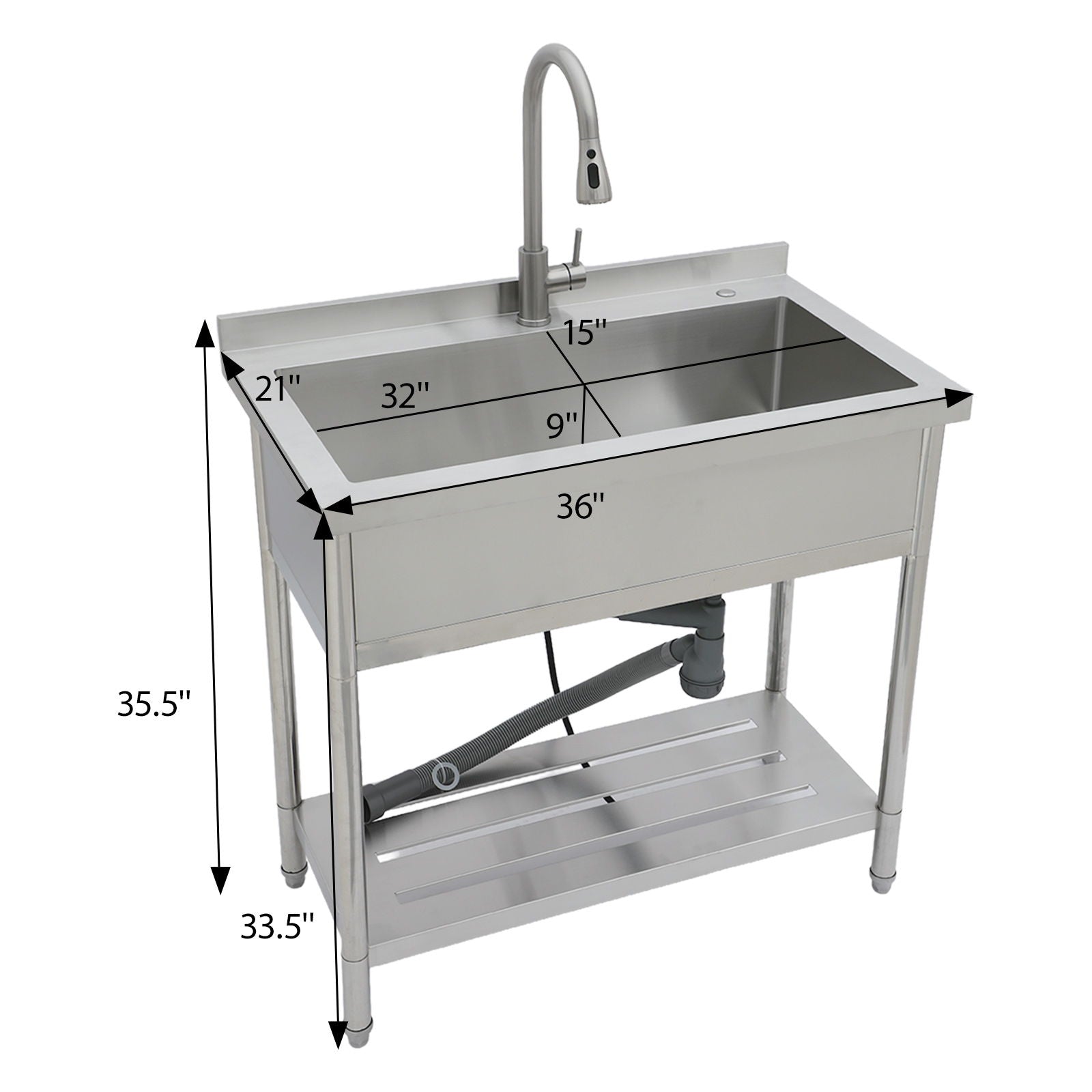 Stainless Steel Freestanding Utility Sink With Pull Out Faucet, Large Single Bowl - Brushed Nickel Daily Nest