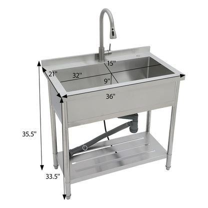 Stainless Steel Freestanding Utility Sink With Pull Out Faucet, Large Single Bowl - Brushed Nickel Daily Nest