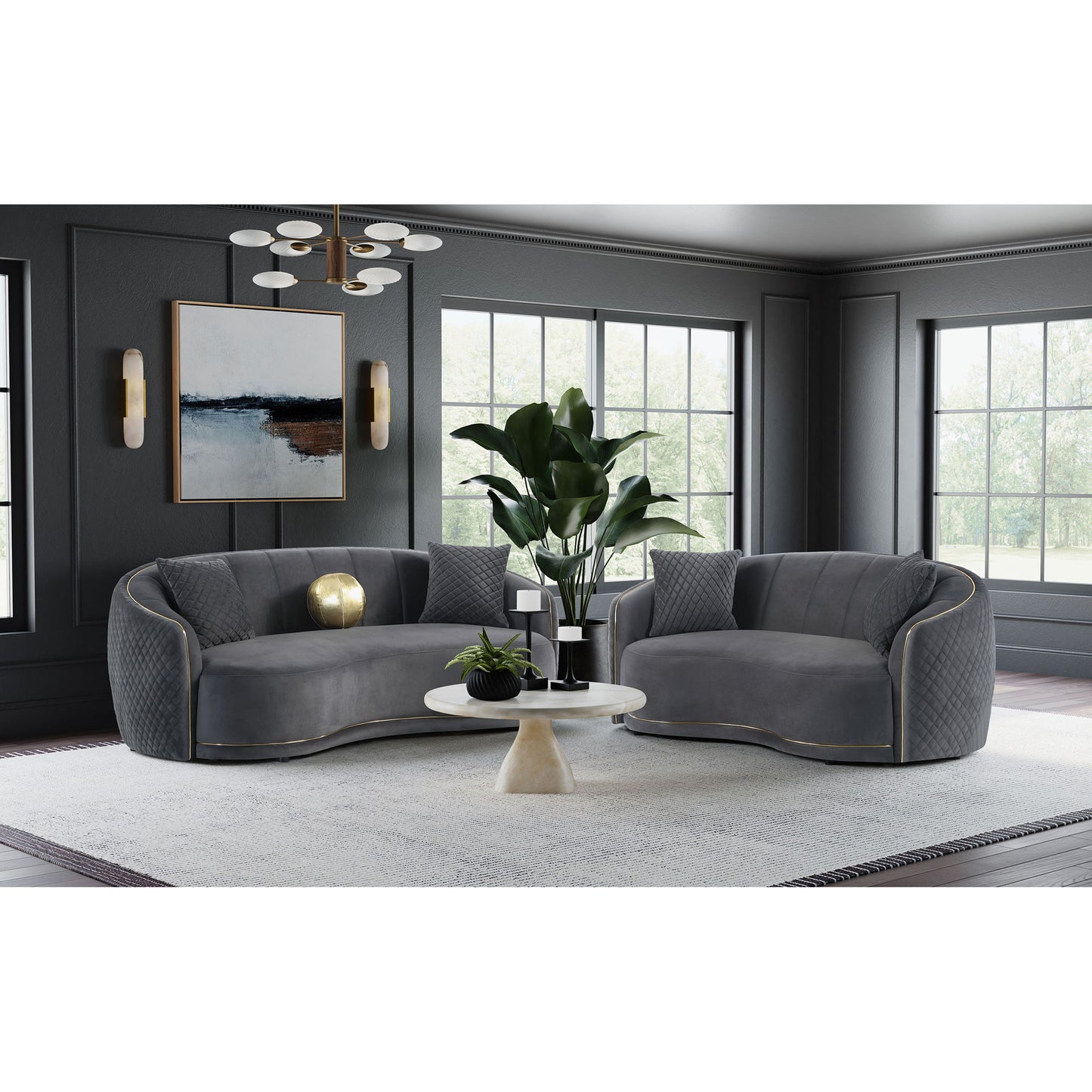 Lorraine - 2 Piece Upholstered Sofa Set With Tufting Trim - Dark Gray Furniture Max