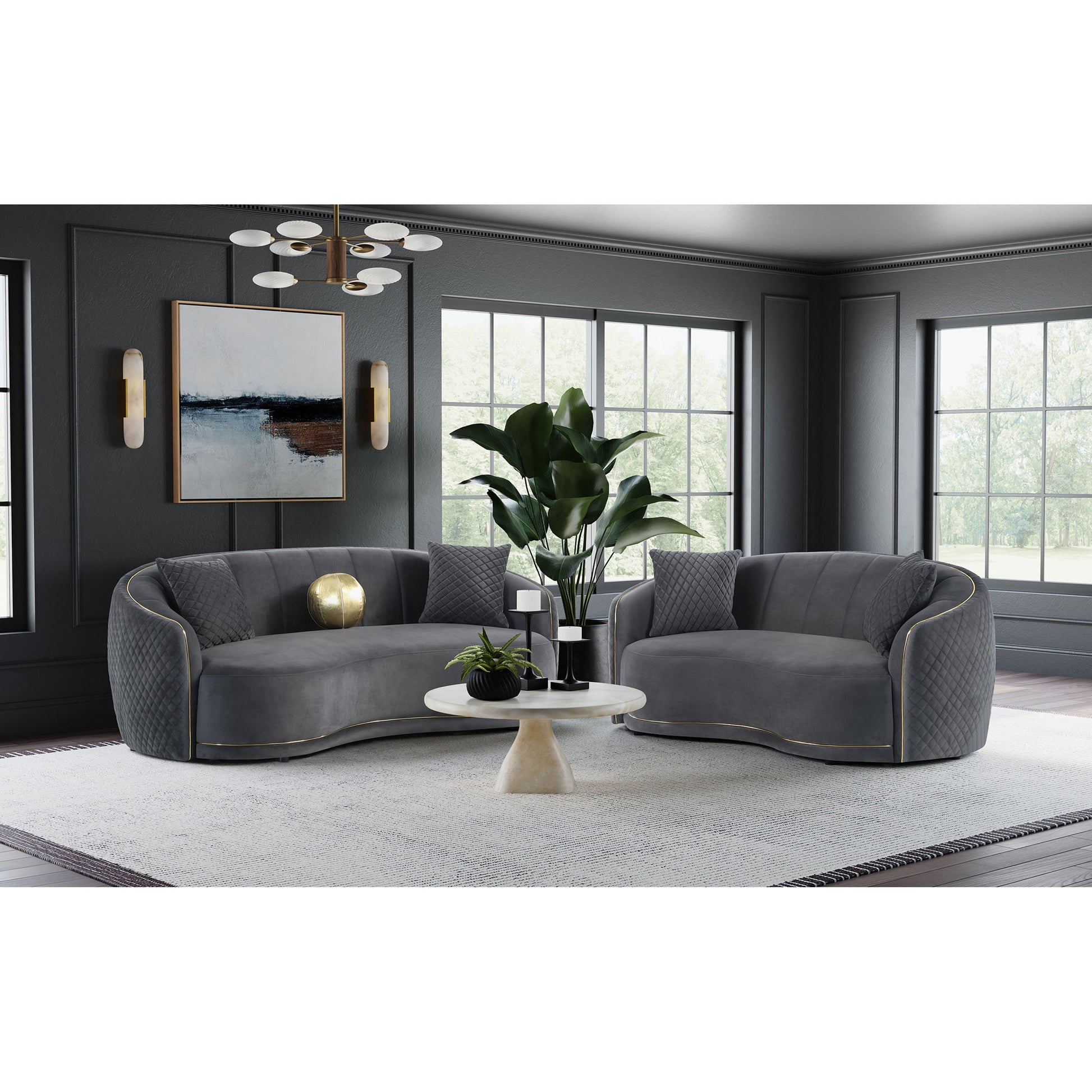 Lorraine - 2 Piece Upholstered Sofa Set With Tufting Trim - Dark Gray Furniture Max