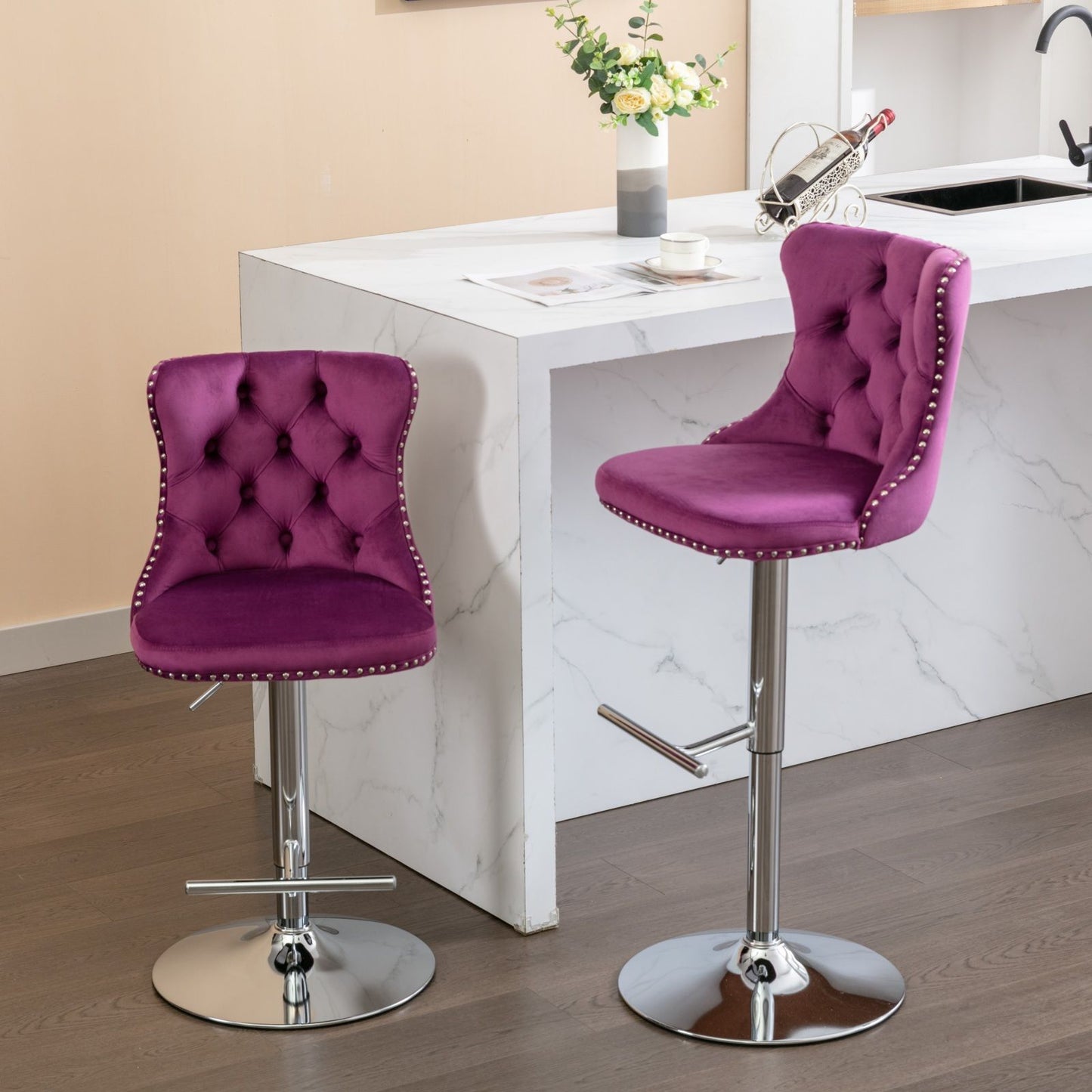 Swivel Velvet Barstools Adjusatble Seat Height From 25-33", Modern Upholstered Chrome Base Bar Stools With Backs Comfortable Tufted For Home Pub And Kitchen Island (Set of 2) Home Essentials
