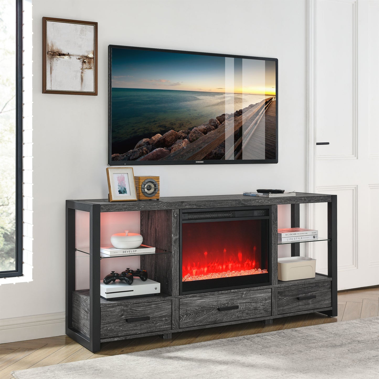 Electric Fireplace Media TV Stand With Sync Colorful LED Lights