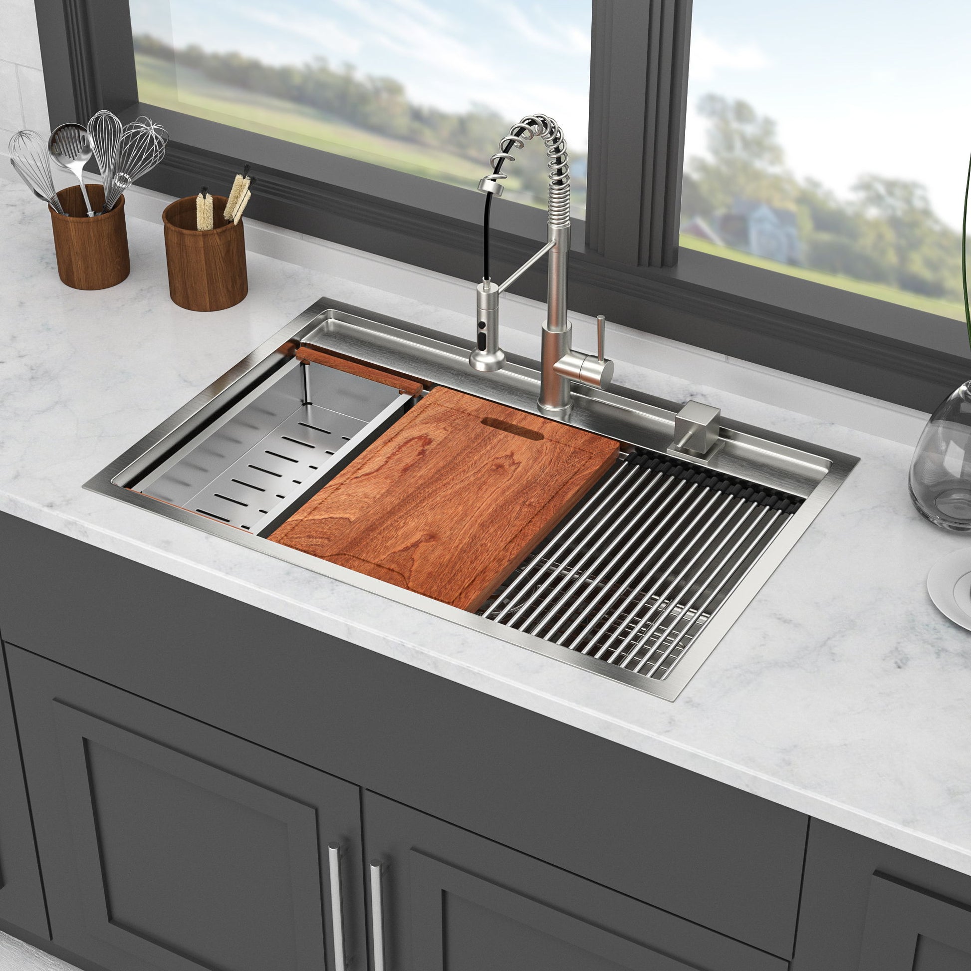33" Drop In Kitchen Sink With Workstation, 16 Gauge Stainless Steel - Brushed Nickel Daily Nest