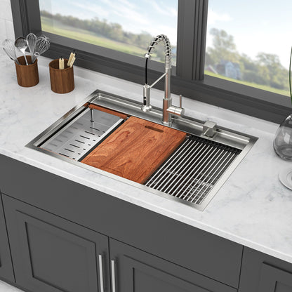 33" Drop In Kitchen Sink With Workstation, 16 Gauge Stainless Steel - Brushed Nickel Daily Nest