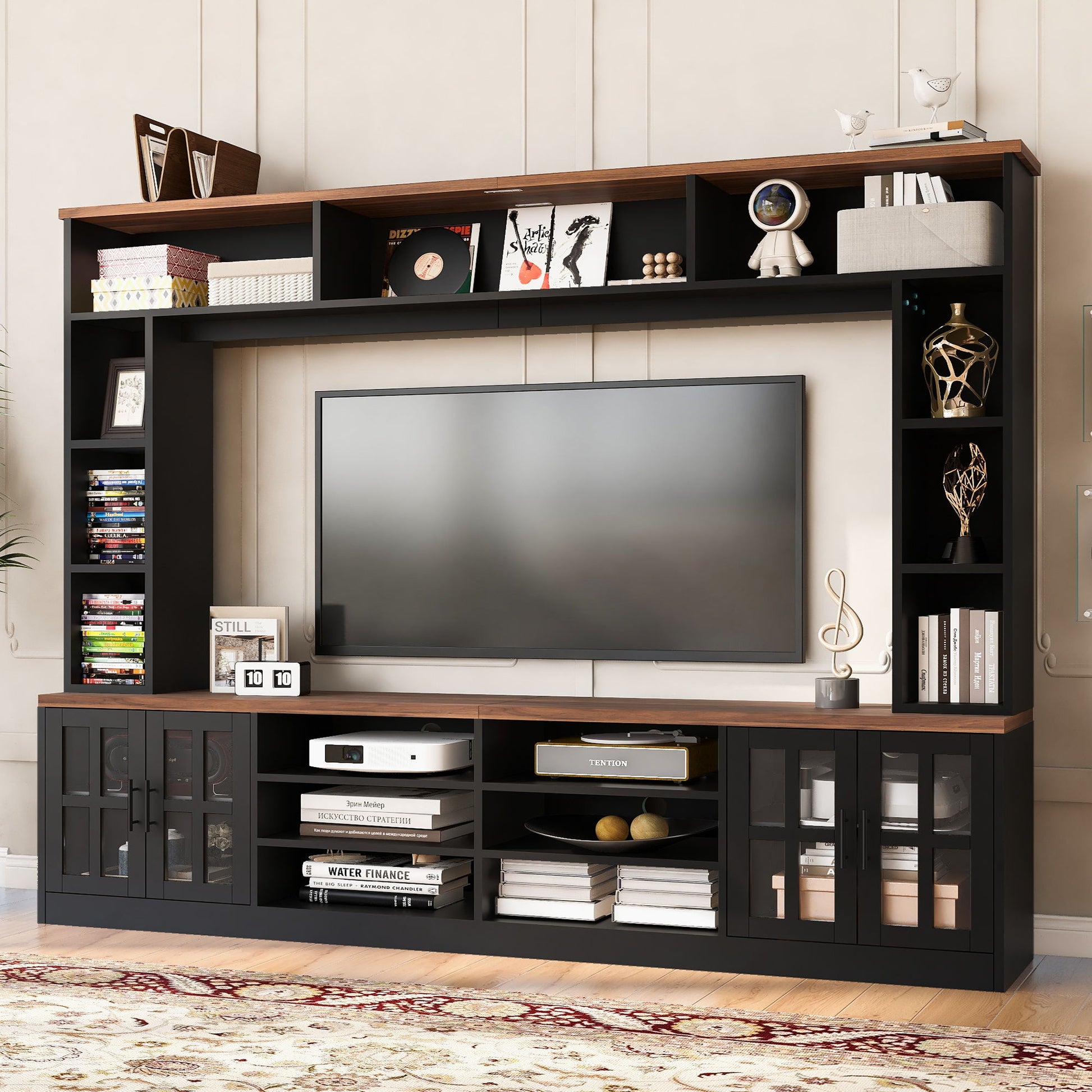 Wall Unit Entertainment Center With Bookshelves For TVs Up To 80", Tempered Glass Doors And Adjustable Shelves Hearth and Haven