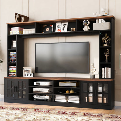 Wall Unit Entertainment Center With Bookshelves For TVs Up To 80", Tempered Glass Doors And Adjustable Shelves Hearth and Haven