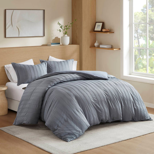 Logan - California King Striped Duvet Set - Blue/Gray Super Listing
