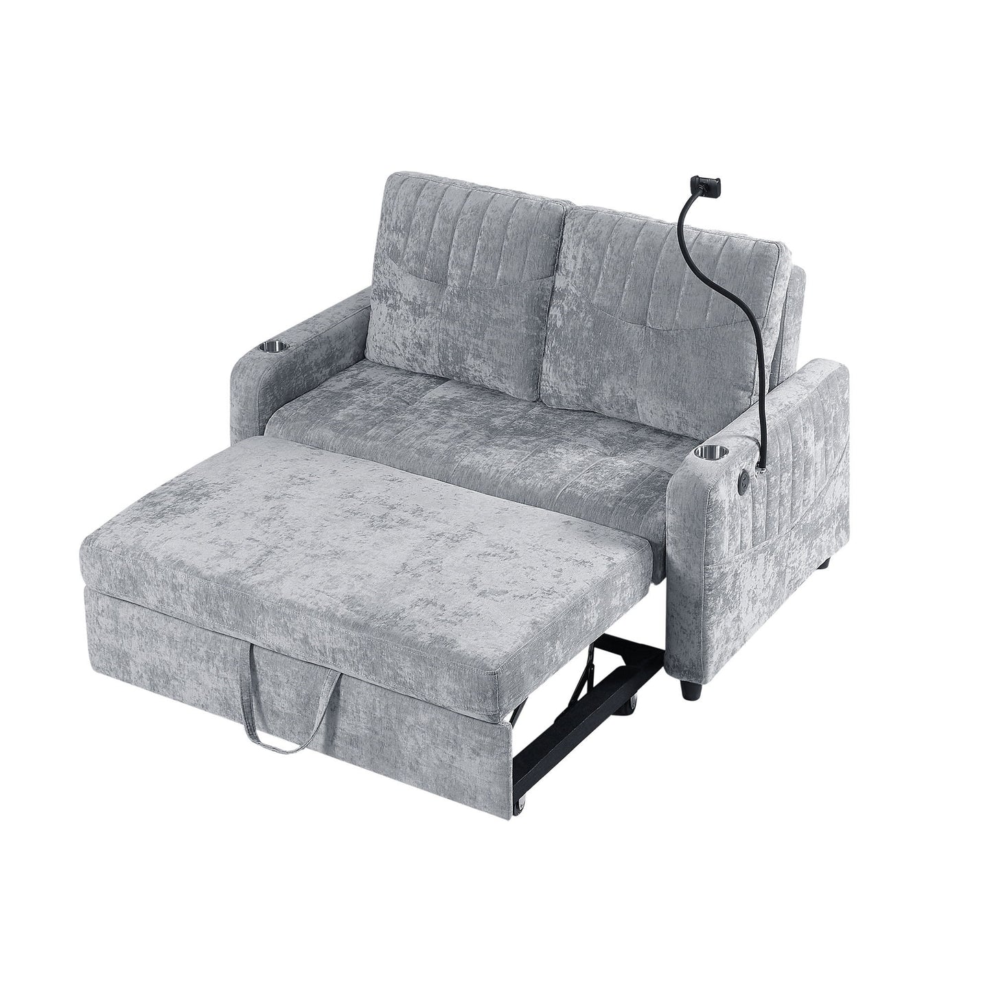 Modern Loveseat Pull Out Sofa Bed With Adjustable Backrest, Two Cup Holders, A Phone Holder, Three Charging Ports And Side Storage Pockets For Living Room Hearth and Haven