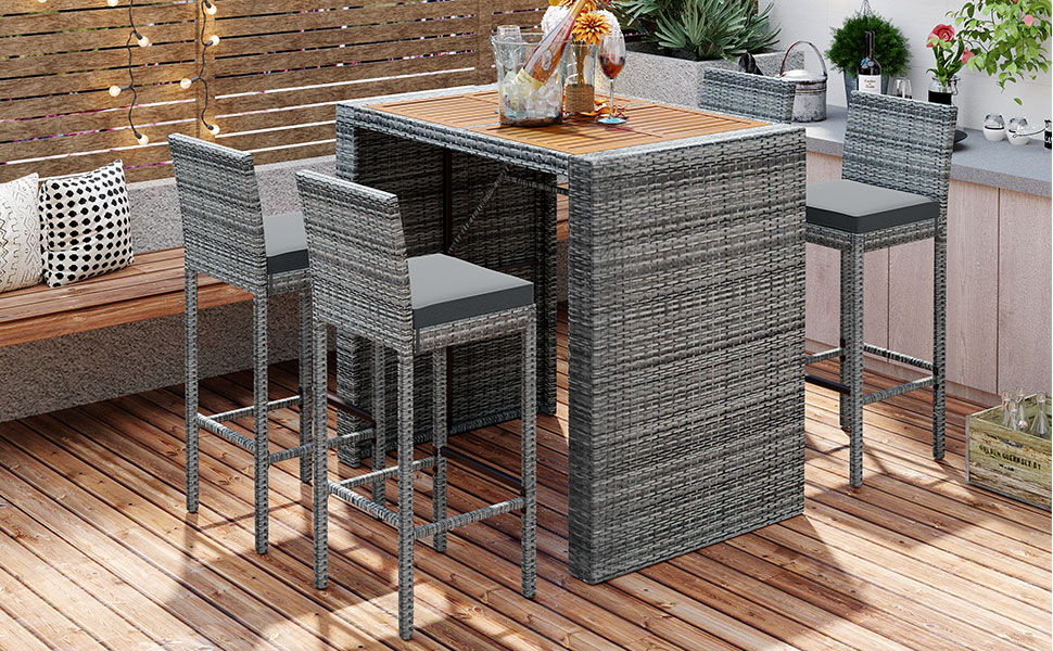 5 Pieces Outdoor Patio Wicker Bar Set, Bar Height Chairs With Non-Slip Feet And Fixed Rope, Removable Cushion, Acacia Wood Table Top - Brown / Gray Hearth and Haven