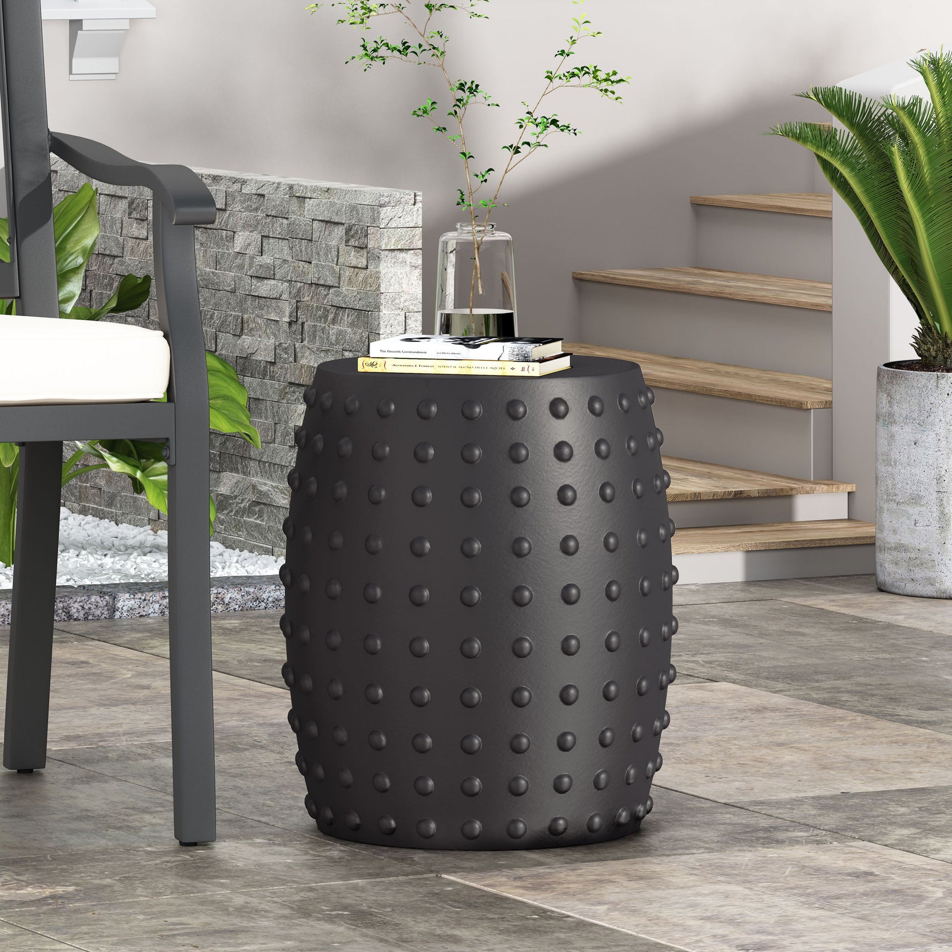Outdoor End Table With Outstanding Studded Design - Matte Black Noble House