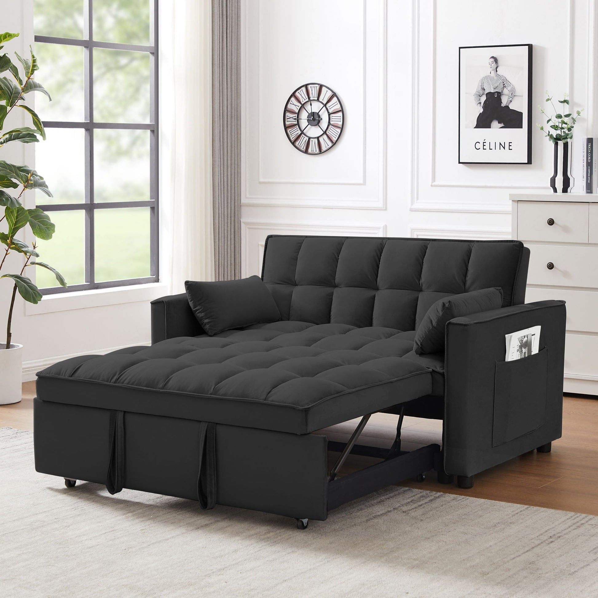 Modern Velvet Convertible Loveseat Futon Sofa With Pullout Bed, Reclining Backrest Home Essentials
