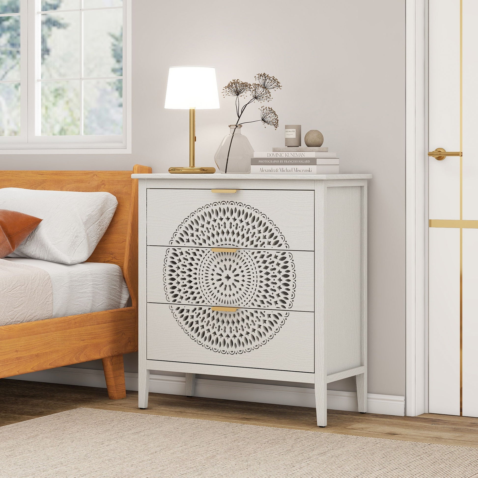 3 Drawer Cabinet With Hollow Carved 3 Drawer Dresser Storage Chest With Metal Handles For Entryway Living Room Bedroom - Beige Home Essentials