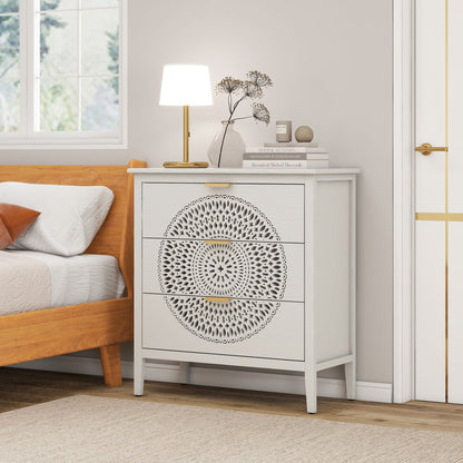 3 Drawer Cabinet With Hollow Carved 3 Drawer Dresser Storage Chest With Metal Handles For Entryway Living Room Bedroom - Beige Home Essentials