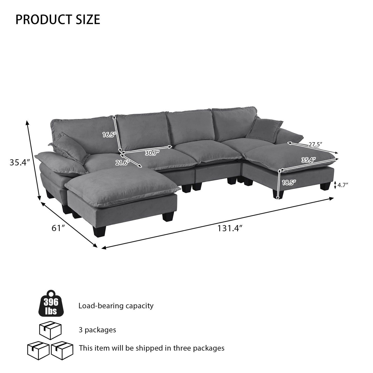 Modular Sectional Sofa With Movable Ottoman & Pillows Home Essentials