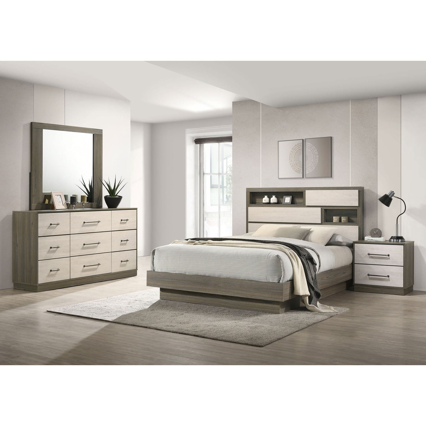 4 Piece Queen Bedroom Set With Built In Storage And Mirror - Oak Furniture Max