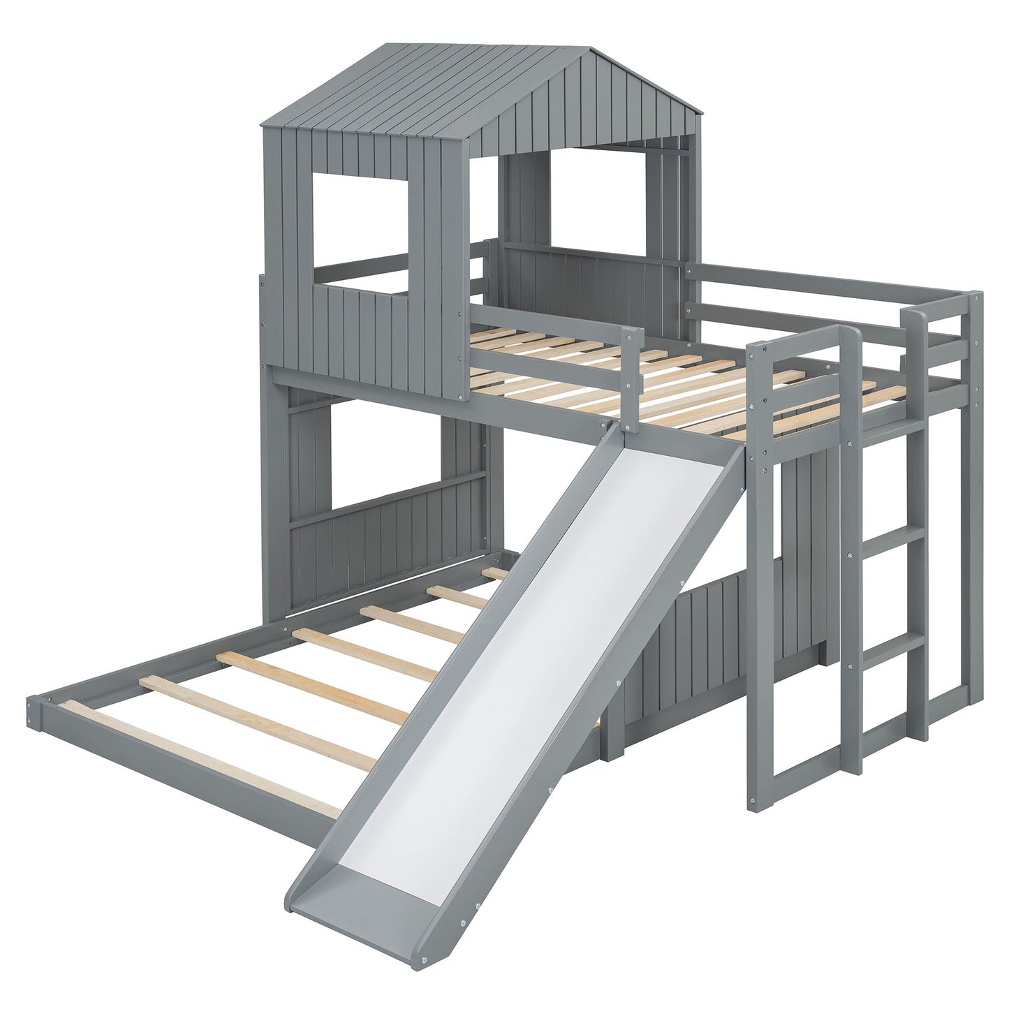 Loft Bunk Bed With Playhouse, Farmhouse, Ladder, Slide And Guardrails DreamHaus