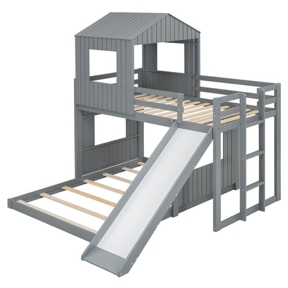 Loft Bunk Bed With Playhouse, Farmhouse, Ladder, Slide And Guardrails DreamHaus