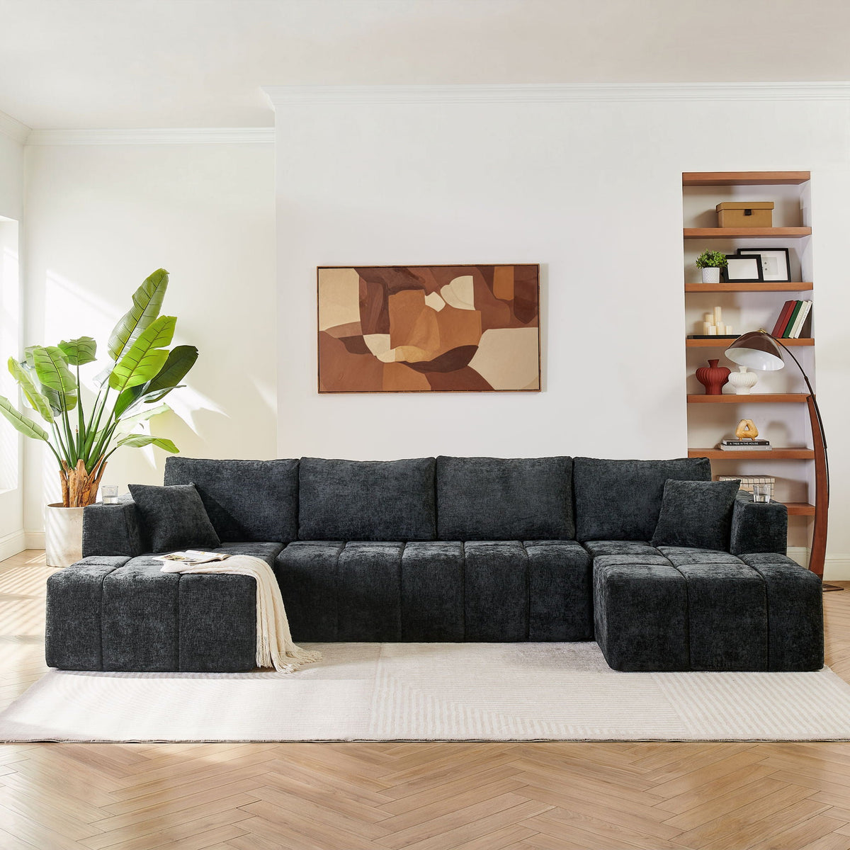 U - Shaped Sectional Sofa, Cup Holders & Side Pockets For Living Room Home Essentials