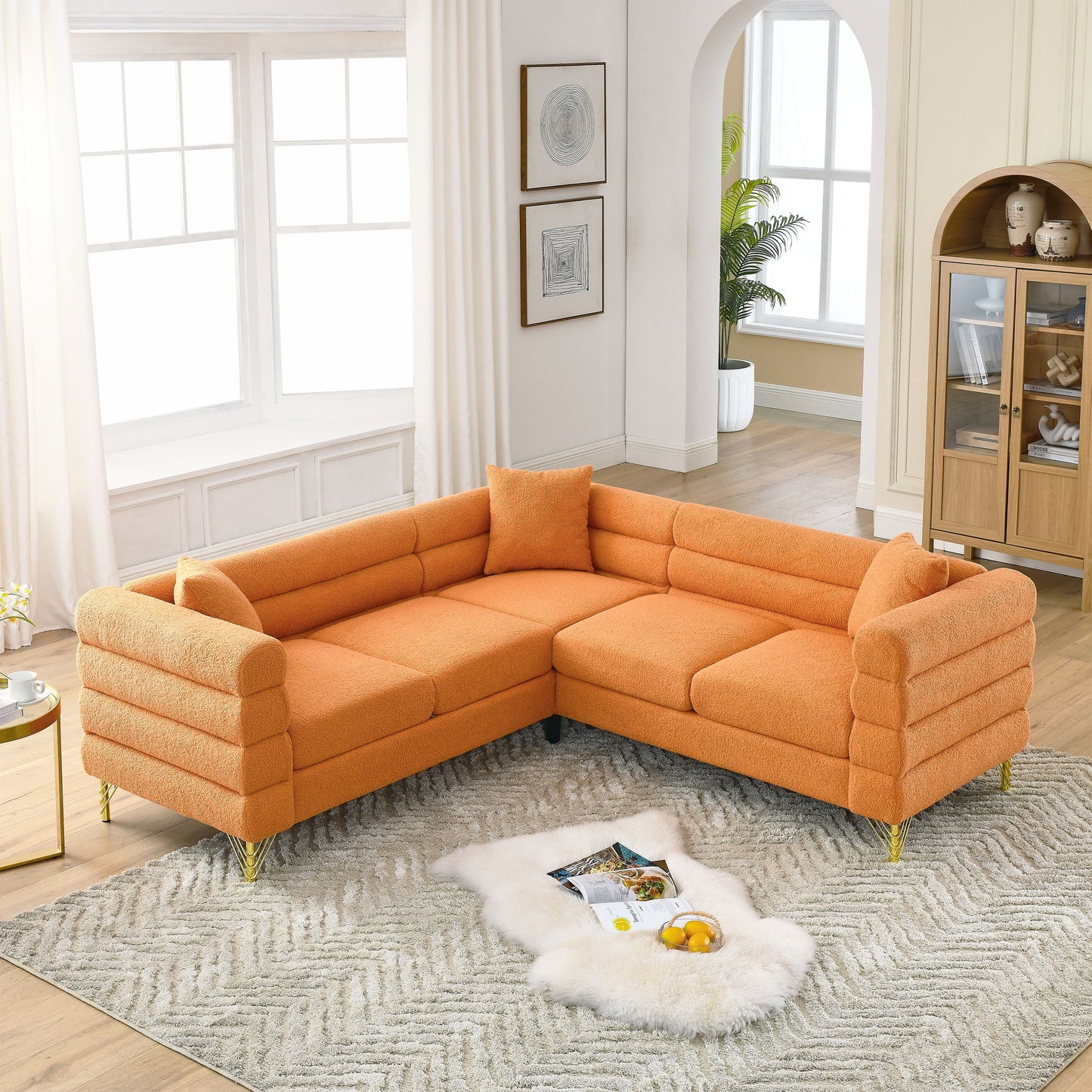 Oversized L - Shaped Corner Sofa, 5 Seater Sectional With 3 Cushions, Living Room Furniture - Orange Home Essentials