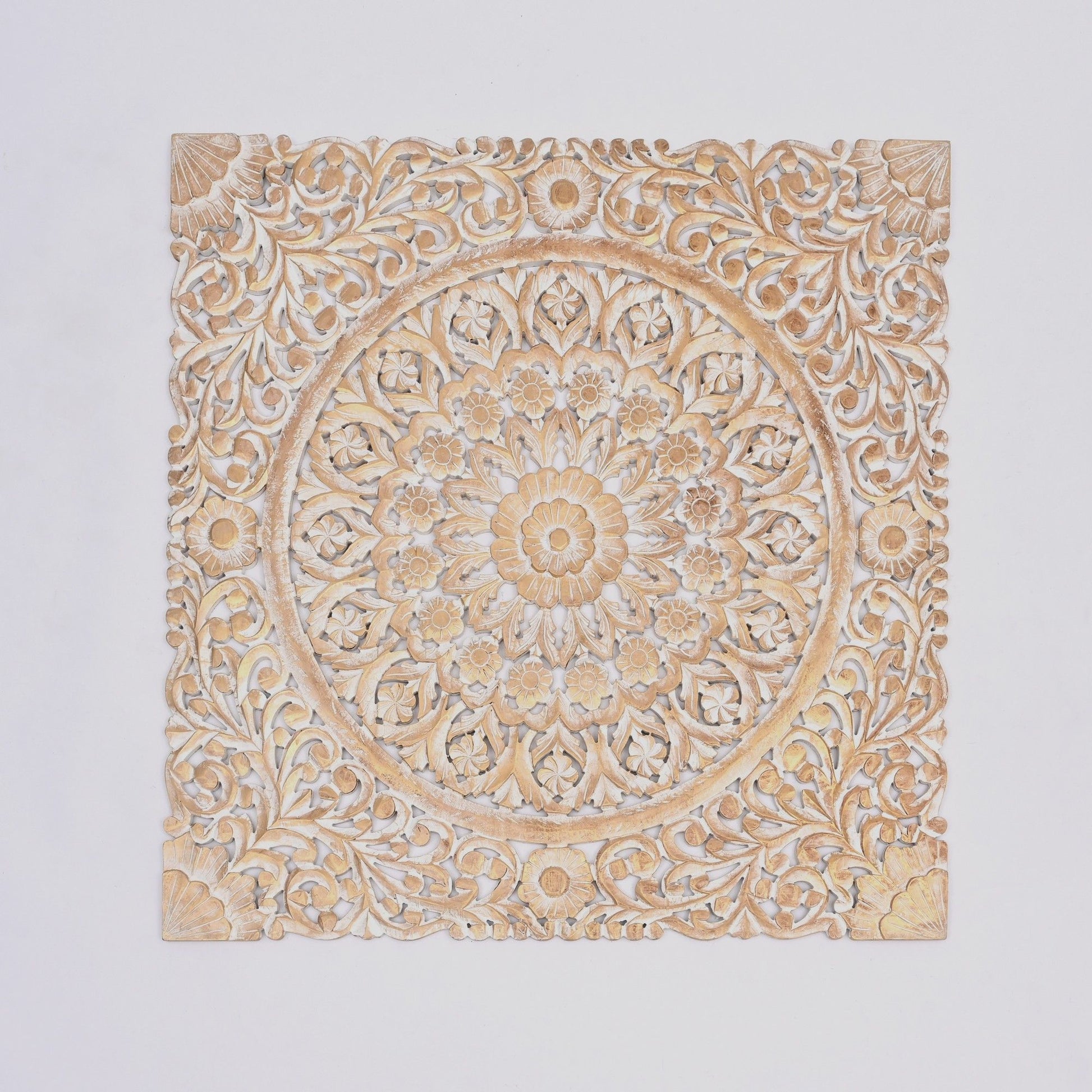 Floral Hand Carved Mandala Square Wall Decor With Spiritual Symbolism - Gold / White Daily Nest